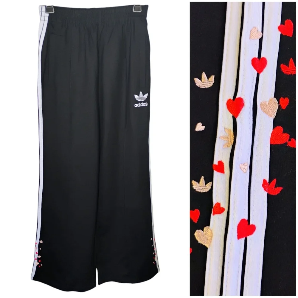 adidas Black Track Pants with White Side Stripes and Red/Gold Heart Embroidery - Picture 13 of 13